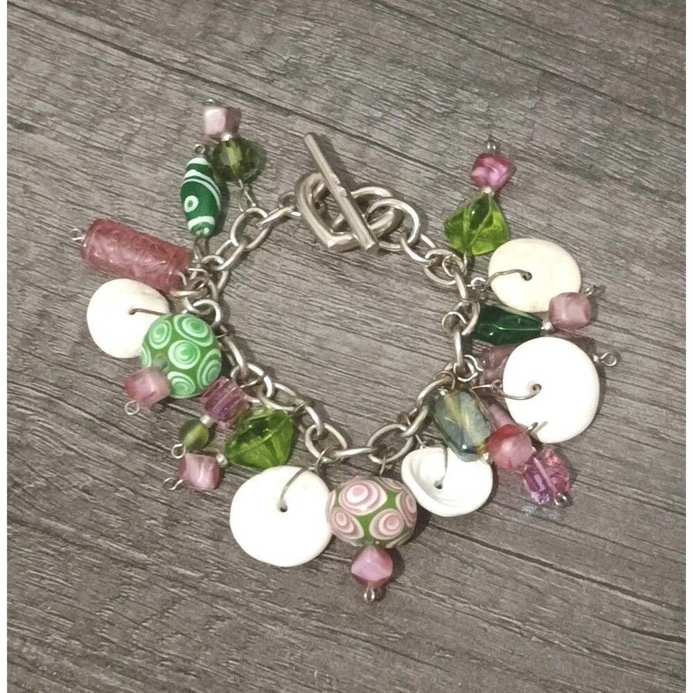 S.A. BERS Lamp Carved Glass Shell Heart Toggle Sterling Silver Charm Bracelet
